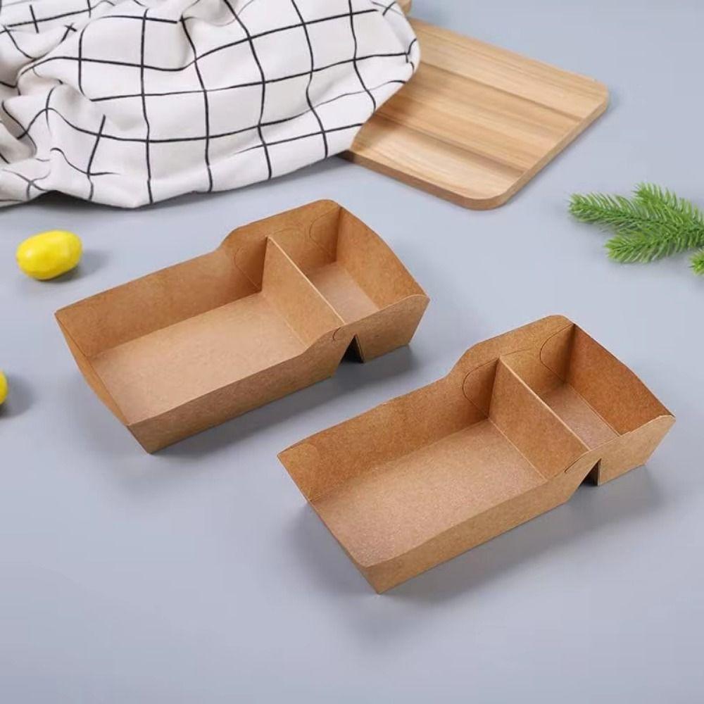 50Pcs 320/440/520ML Capacity Snack Fries Plate Two Grids Kraft Paper Snack Box  Fried Chicken