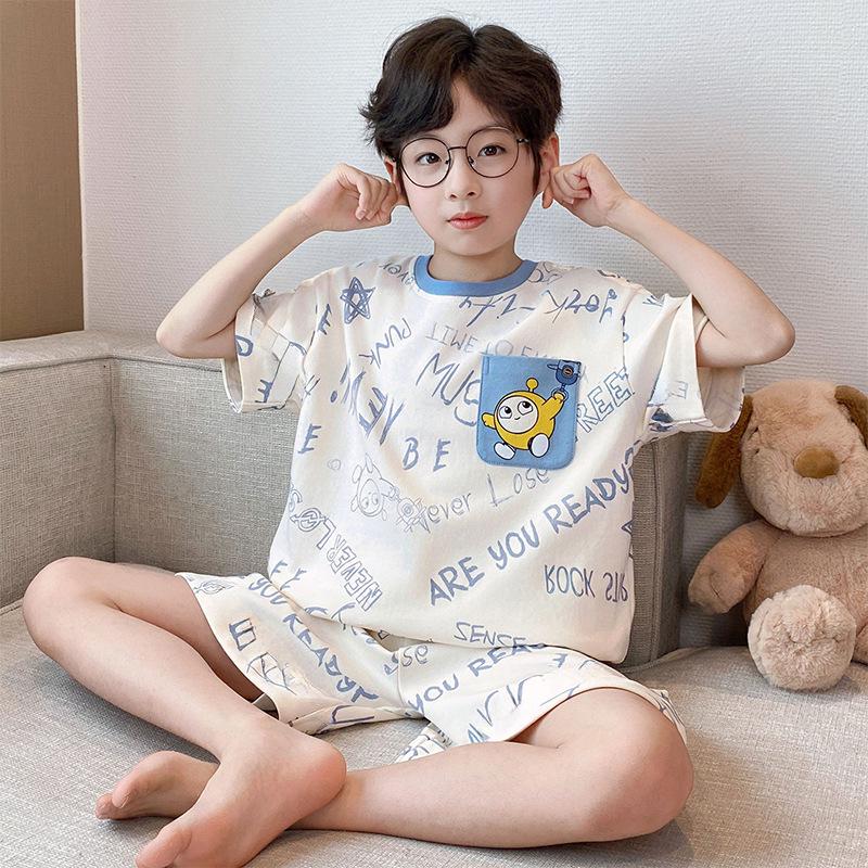 Summer Cartoon Print Boys' Pajama Set - Short Sleeve, Round Neck, Lightweight - For Kids