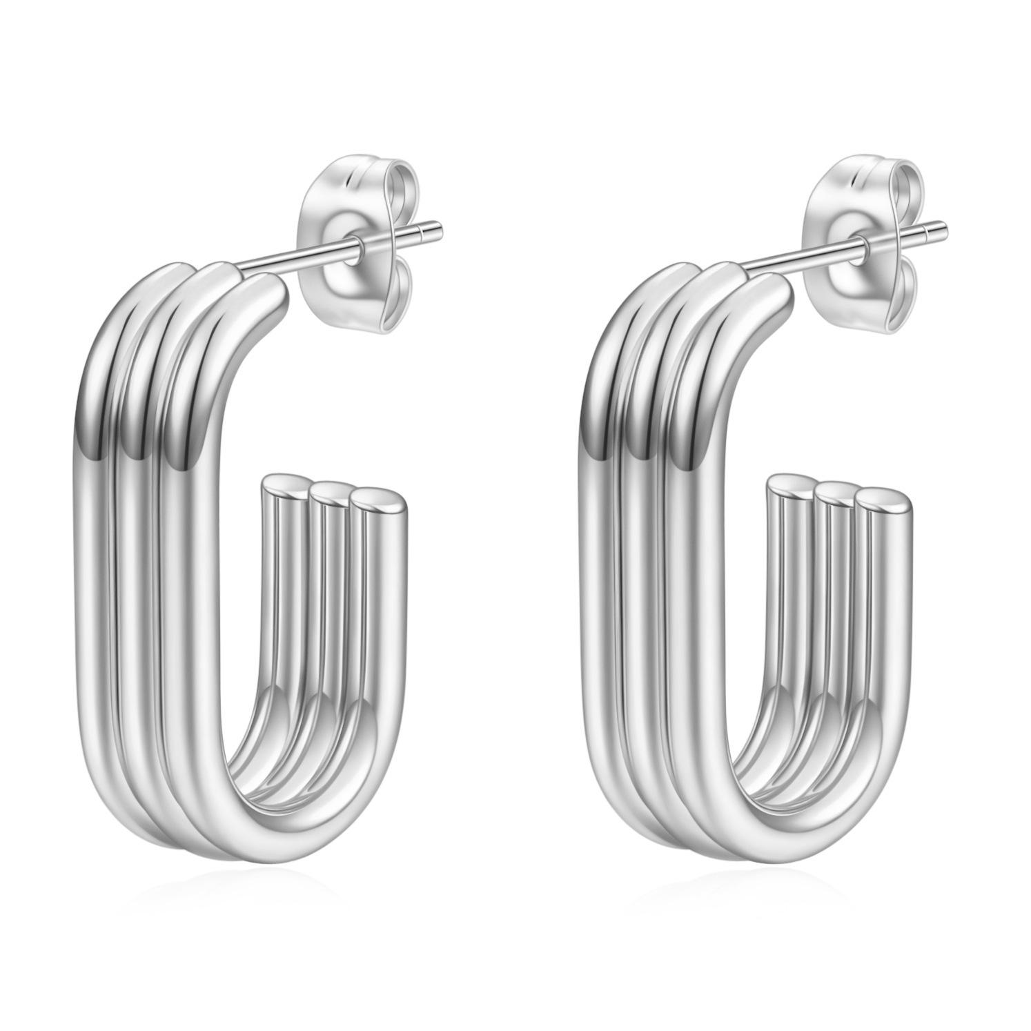 Cross-Border Geometric Titanium  14K Gold Three-Layered U-Shaped Hoop Earrings