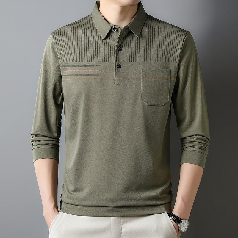 Men Long Sleeve Thin Turn Down Collar Striped Casual Pocket Polo Shirt For Middle Aged Men