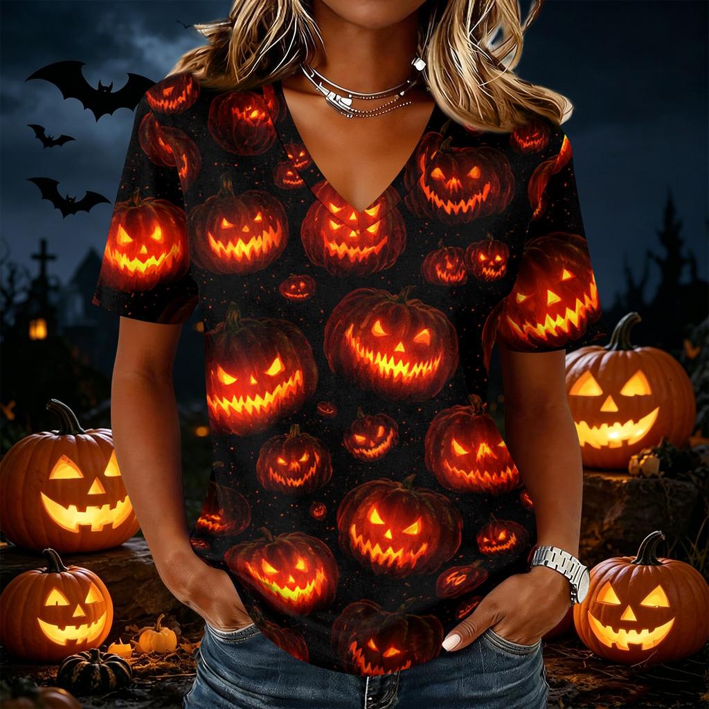 Women's Halloween Print V-Neck Short Sleeve Casual Pullover Top