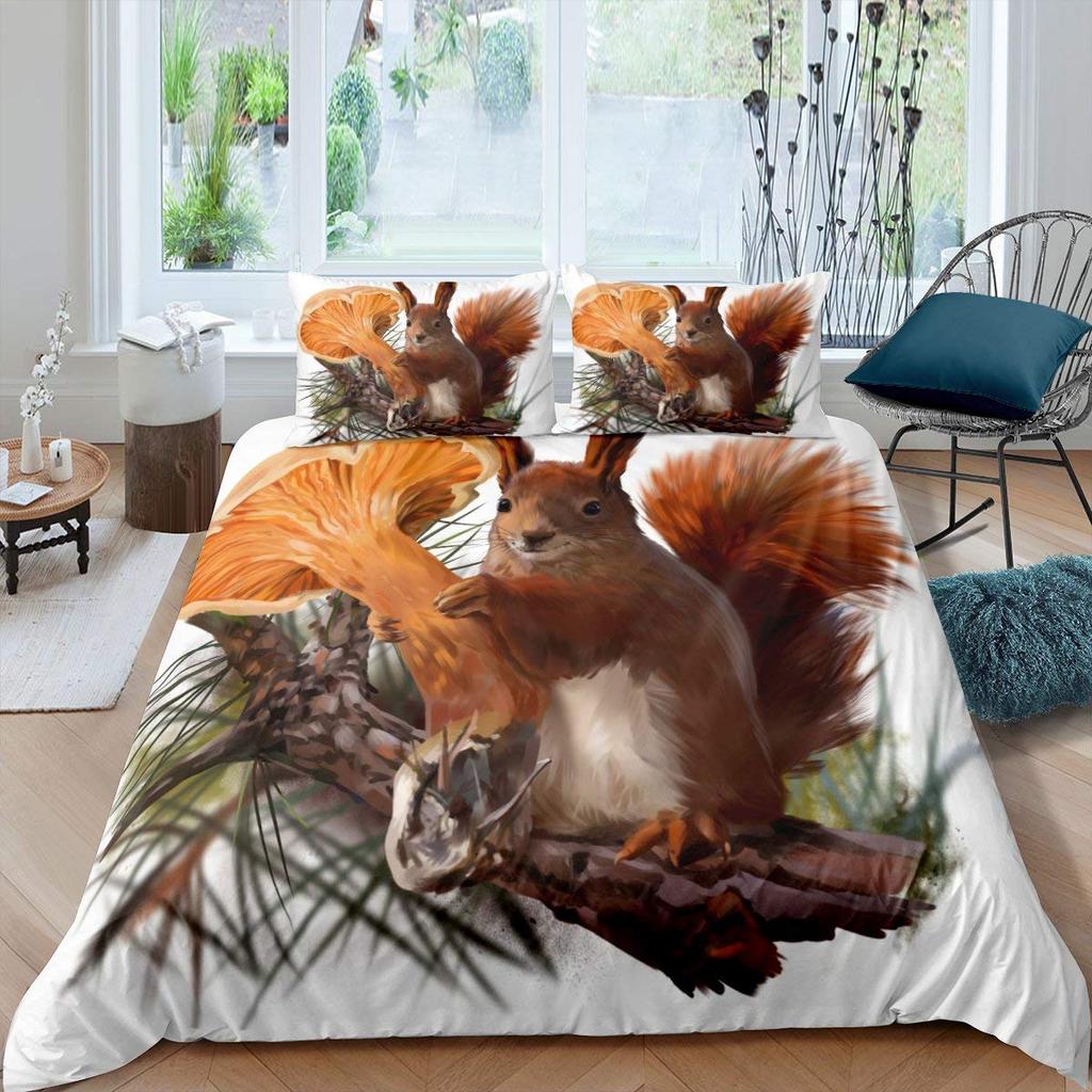 3D Squirrel King Queen Duvet Cover Lovely Animal Bedding Set For Kids Teens Adults Wildlife Green Leaves Soft 2/3pcs Quilt Cover