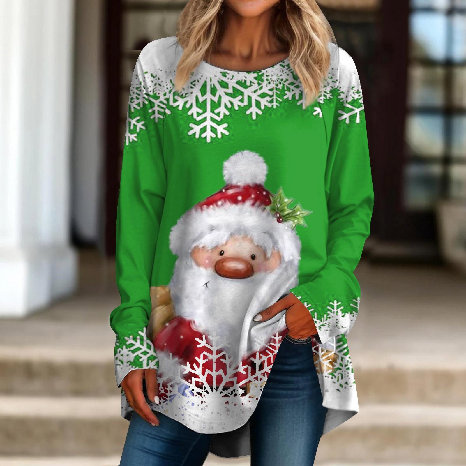 

Женская повседневная футболка больших размеров с длинными рукавами и круглым вырезом с рождественским принтом, верхний пуловер XL зелёный