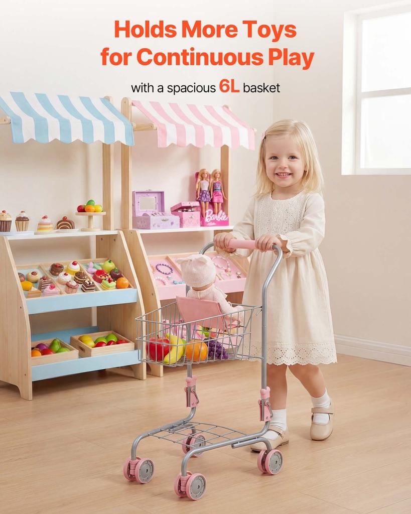 VEVOR Shopping Cart for Kids, Sturdy Metal Frame, Grocery Store Pretend Play Toy Cart with Baby Doll, Rolling Wheels, Basket, Toy Shopping Trolley