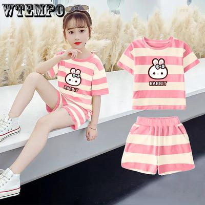 Traje para niños, conjunto coreano con estampado 3D de Raya Rosa fina de verano para niñas, pantalones cortos informales para estudiantes, conjunto de dos piezas