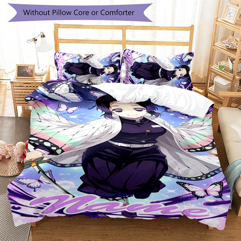 3pcs Custom Name Demon Slayer Shinobu Kocho Bedding Set Duvet Cover Closure Includes 1 Duvet Cover & 2 Pillowcases for All Seasons Bedroom Decor