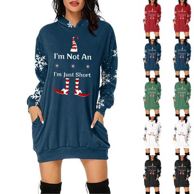 Women's Christmas Print Long-Sleeved Hooded Pocket Pullover Dress