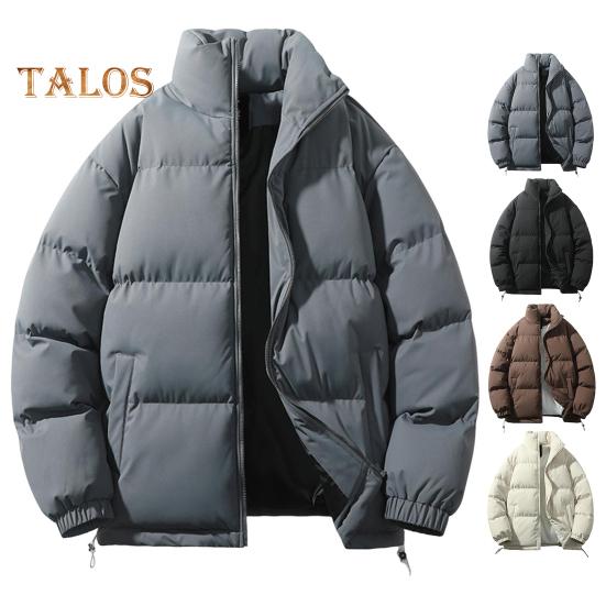 Women Men Cotton Coat Stand Collar Long Sleeve Drawstring Hem Puffer Jacket with Pockets Loose Fit Warm Winter Outerwear