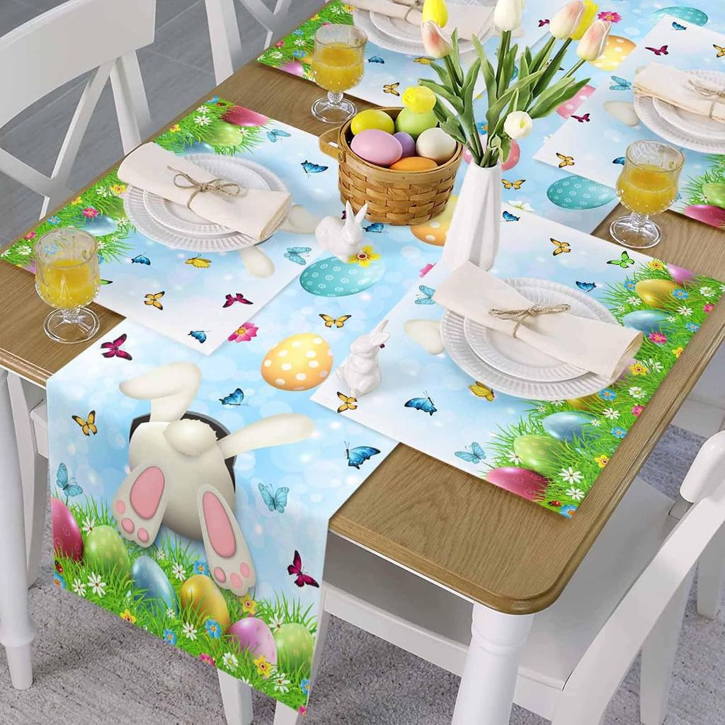 Easter Rabbit Eggs Butterfly Linen Table Runner Dresser Scarves Decor Spring Farmhouse Kitchen Table Runner Easter Decorations