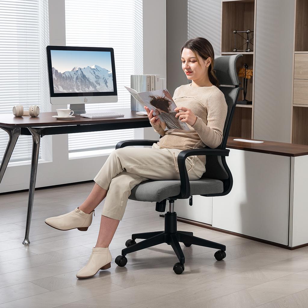 Office Chair with Soft Backrest, Casters, Armrests, Height-Adjustable Desk Chair, Faux Wool, Gray