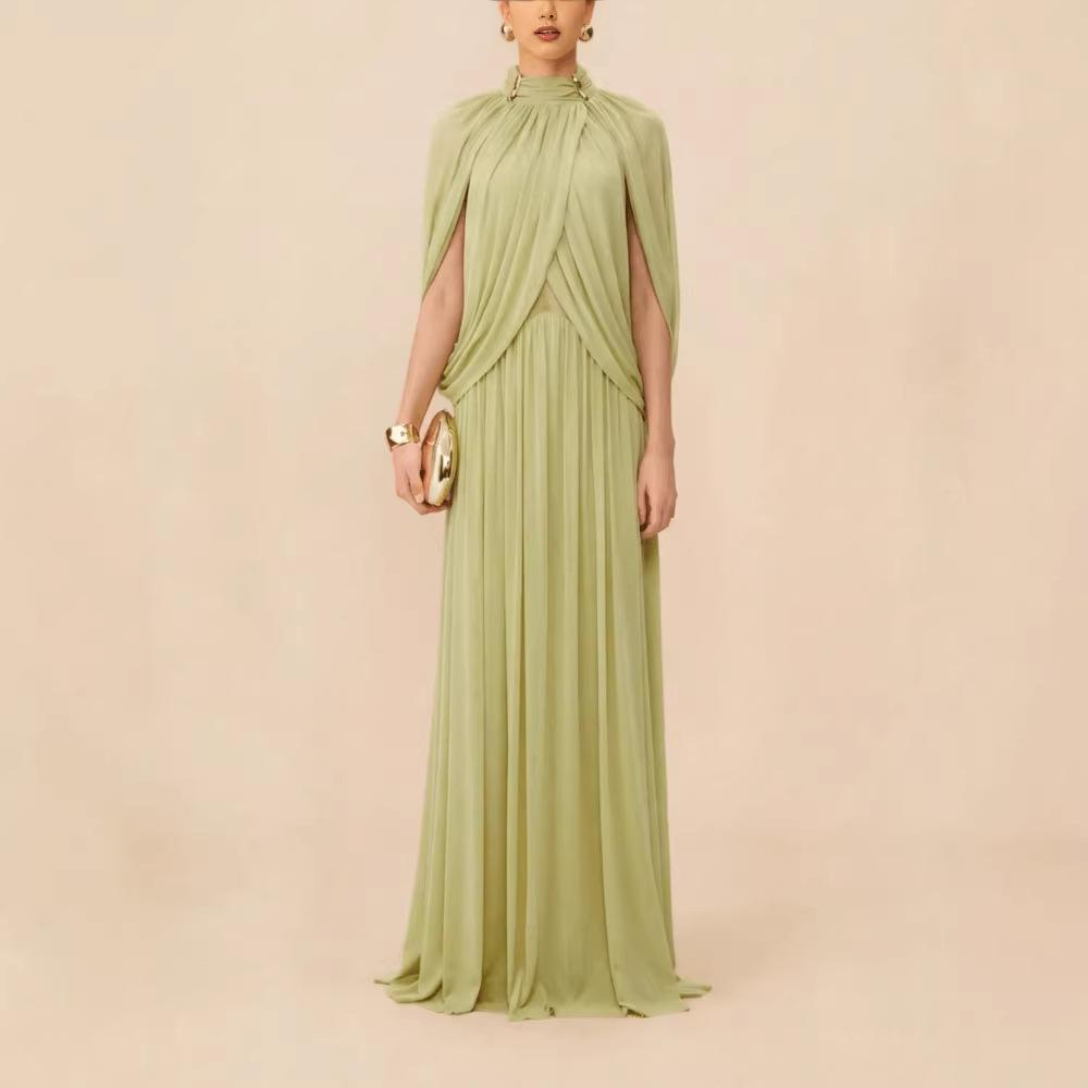 Abito Maxi da Donna con Scollo Alto, Maniche a Mantella, Pieghe, Verde Uniforme, Elegante Abito da Sera Formale
