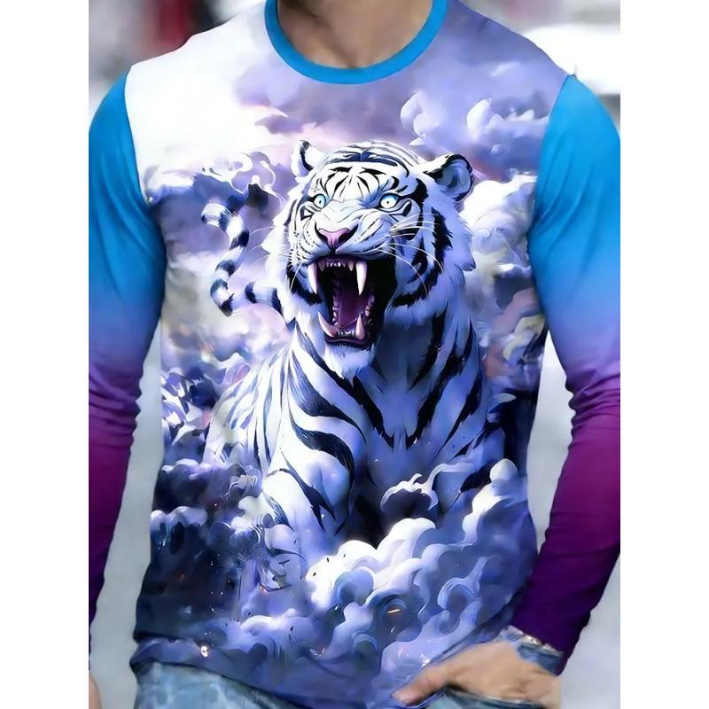 Autumn and Winter Men's Animal 3D Printed Crew Neck Long Sleeve T-Shirt