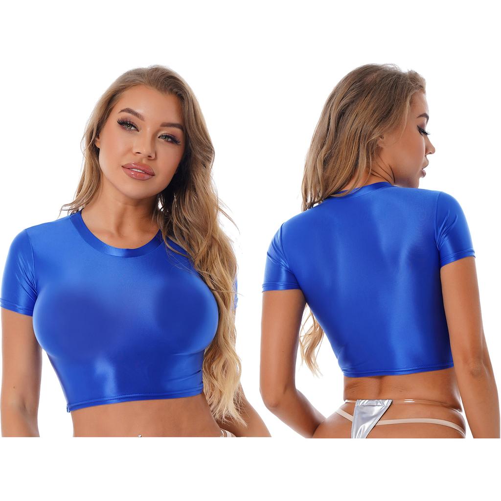 Women Crop Top Tee Short Sleeve Round Neck Slim Fit Solid Color Sportswear Yoga Running Shirt