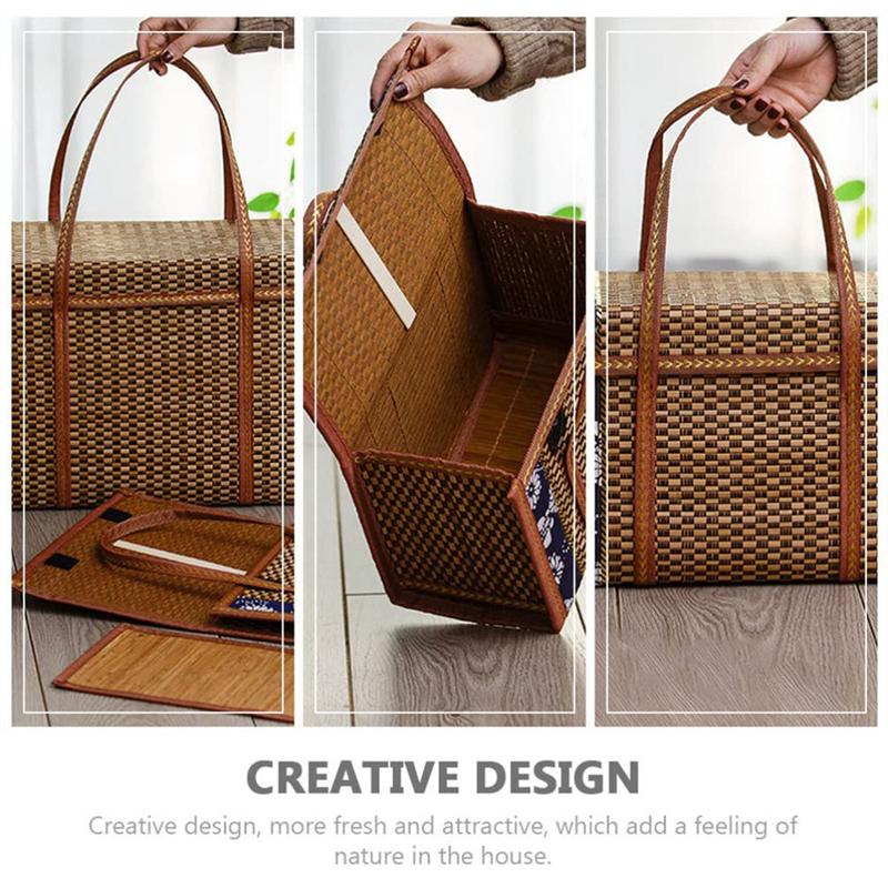 Folding Bamboo Woven Fruit Basket Handheld Handle Fruit Shopping Food Basket Picnic Food Storage Basket For Outdoor