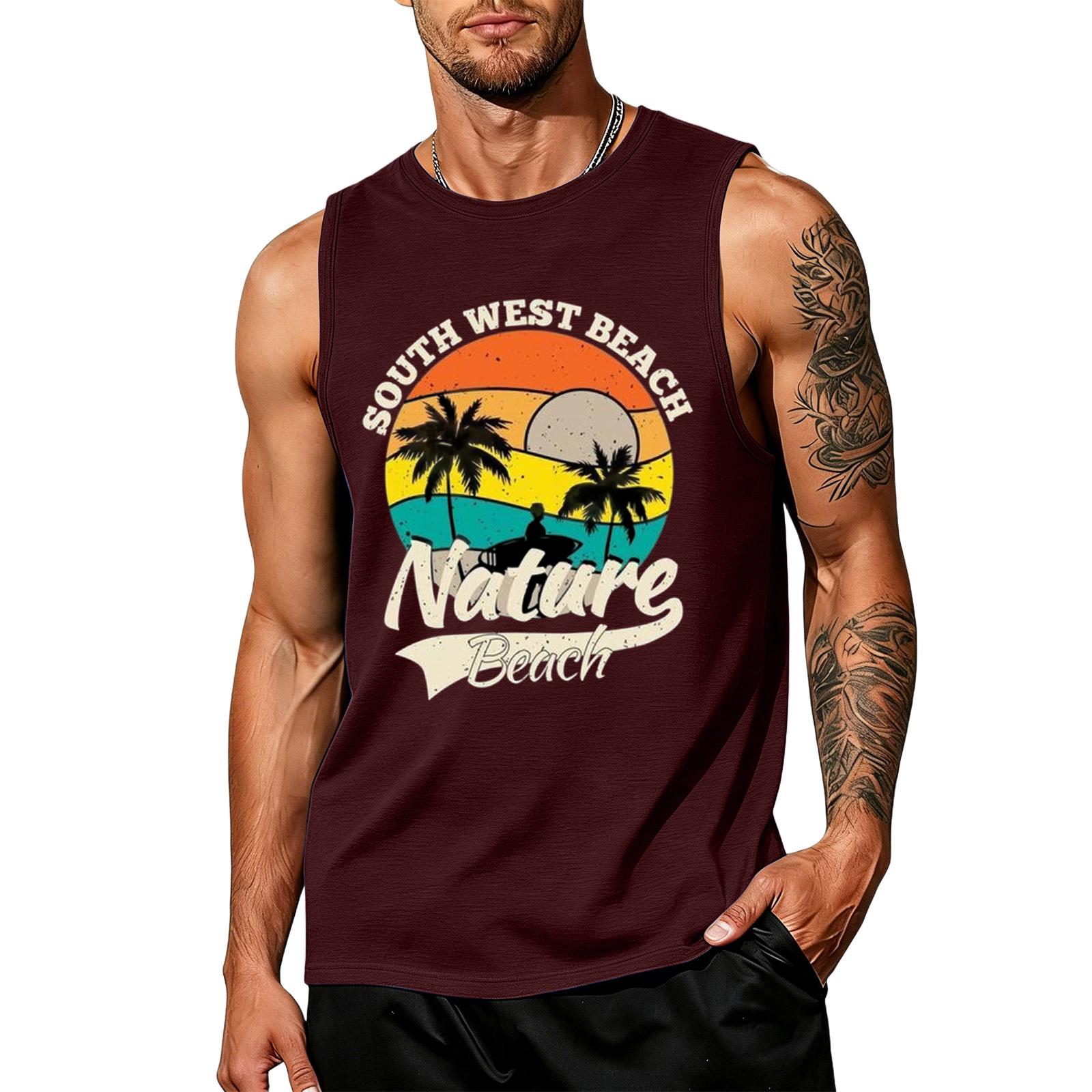 

Men Sleeveless Tank Top Crew Neck Casual Fit South Beach Nature Beach Print Retro Style Comfortable Shirt Summer XXL винний