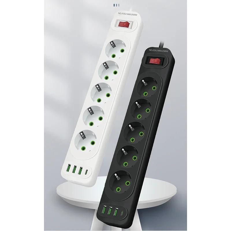 EU Plug Power Strip 5 AC Outlet Multitap Extension with 4 USB Ports 2m Cord Electrical Socket 2500W Fast Charge Surge Protector