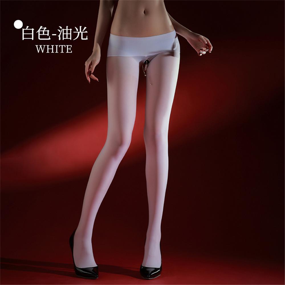Sexy Women Pearl Chain Open Crotch Pantyhose Thin Sheer Oil Shiny Elastic Low Waist Maid Tights Stockings Exotic Lingerie