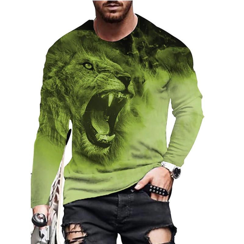 Round Neck 3D Animal Printed Top Casual Long Sleeved Men's T-shirts - Soft Medium Stretch Polyester Fabric Spring and Autumn Relaxed Fit Clothing