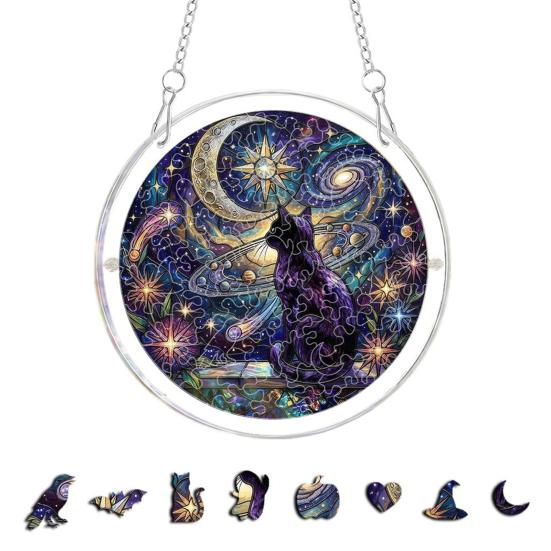 Yousheng Acrylic Puzzle Suncatcher, Halloween Black Cat Castle Raven DIY Sun Catcher Kit, Stained Glass Window Hanging Ornament for Home, Garden