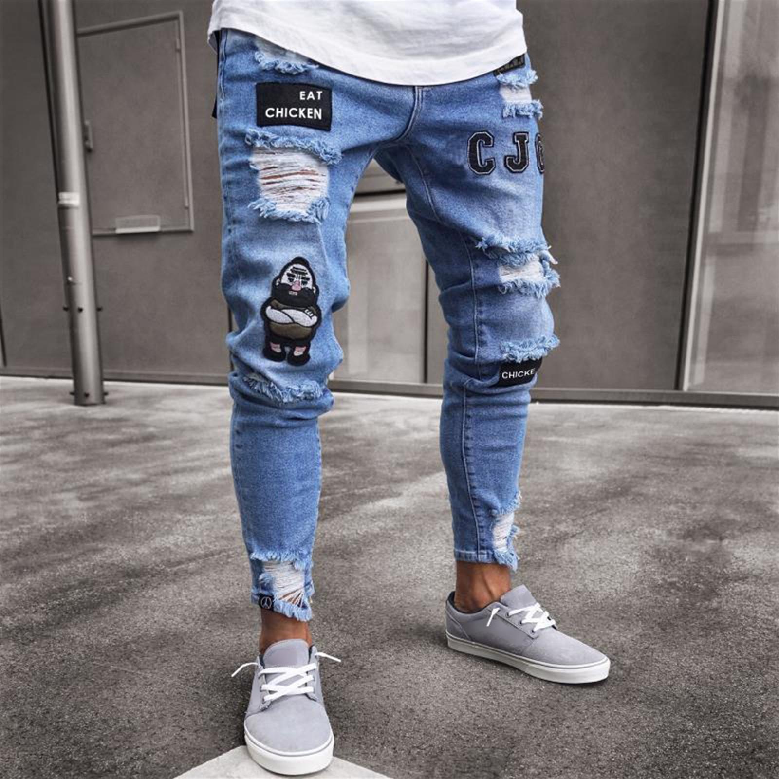 

Men s Print Hole Hip Hop Fashion Print Jeans Workout Sweatpants Joggers Pants M синий