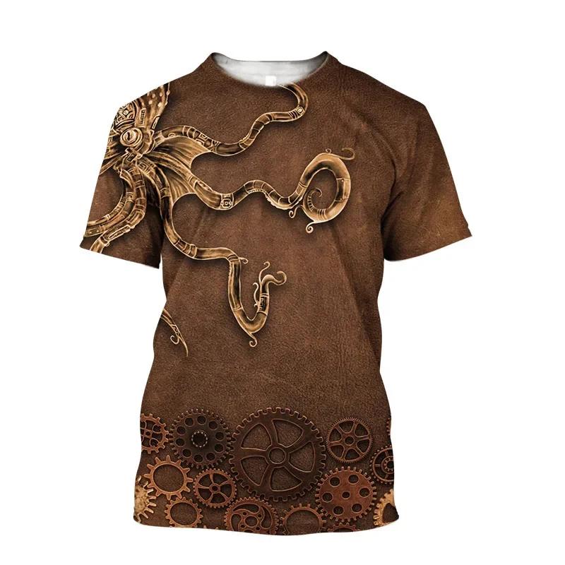 Tentacle Organism Pattern T-Shirt For Men Retro Ocean Animal 3D Printed T Shirts Loose Tees Round Neck Street Tops Short Sleeves