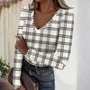Women's Casual Fashion V Neck Long Sleeve Ribbed Plaid Print Top for Everyday Wear