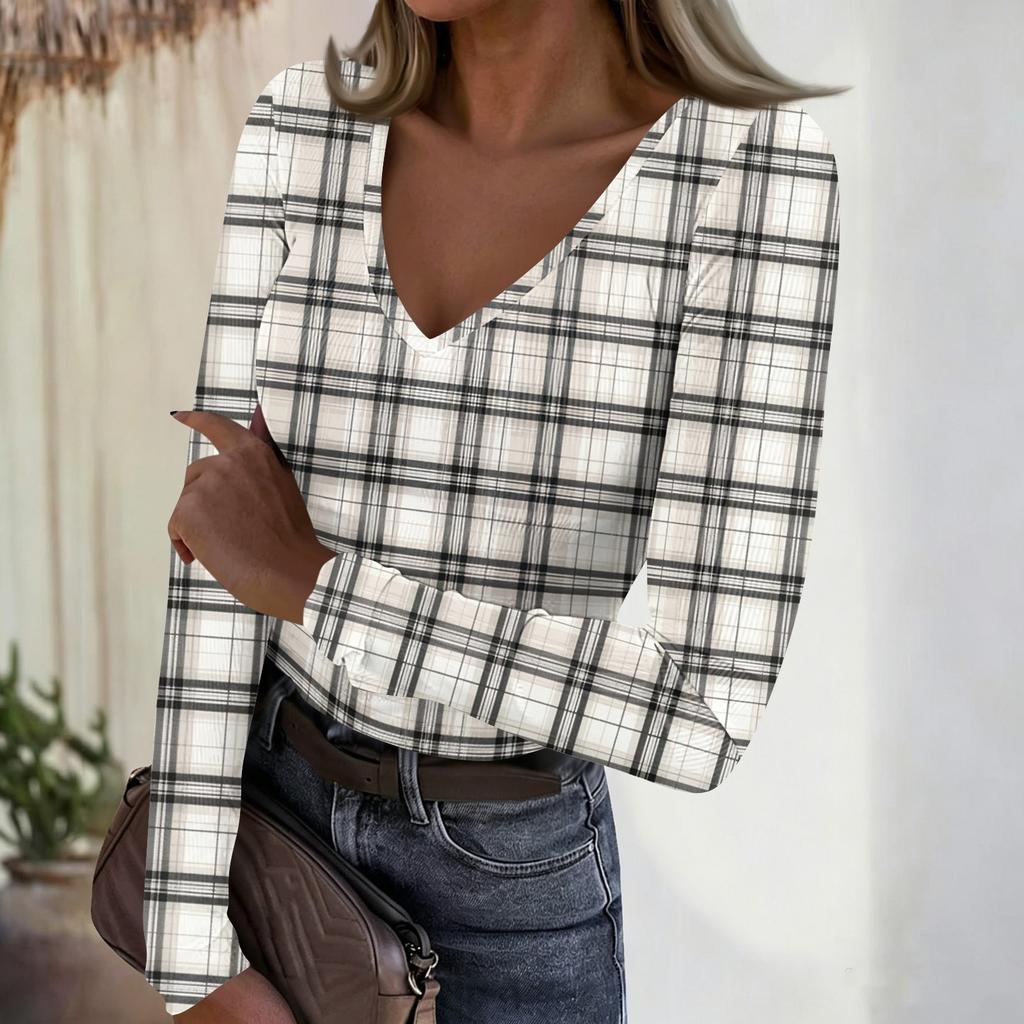 Women's Casual Fashion V Neck Long Sleeve Ribbed Plaid Print Top for Everyday Wear