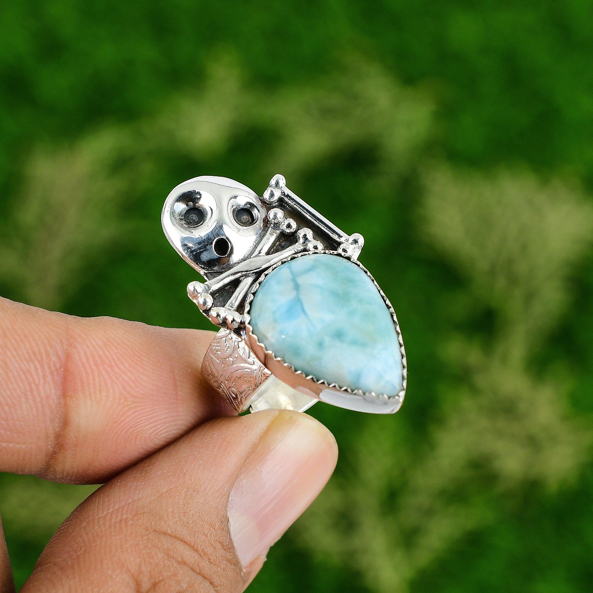 

Natural Larimar Promise Skull And Bone Adjustable Ring 925 Silver For Women Adjustable