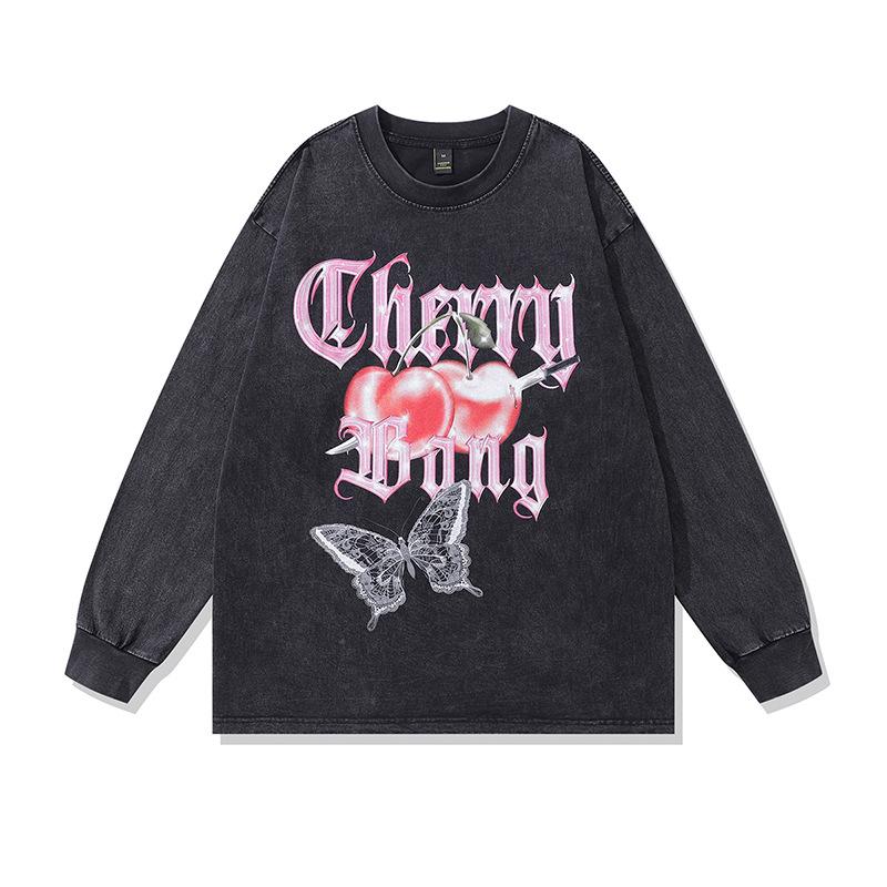 American Hiphop Street Tide Brand Spoof Cat Print Casual Ins Couple Washed Long Sleeve T-Shirt Men And Women