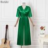 ZANZEA Women Casual V-Neck Summer Half Sleeve Satin Jumpsuits