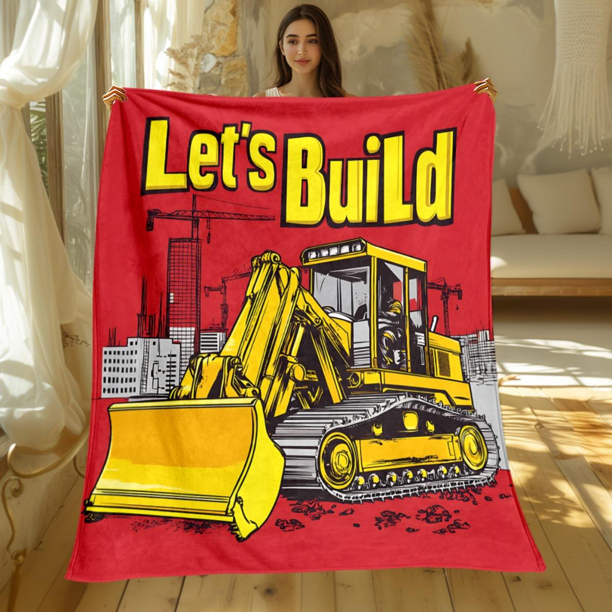 1pc Construction excavator Let s Build city skyline red background flannel blanket for kids construction theme blanket 75x90cm