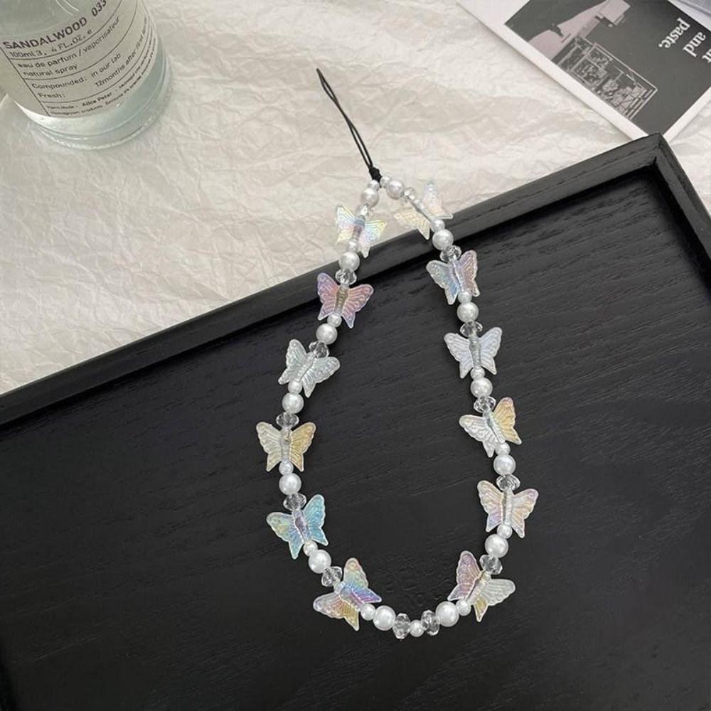 Y2K Candy Colors Cellphone Keychain Butterfly Beaded Butterfly Mobile Phone Chain  Pendant