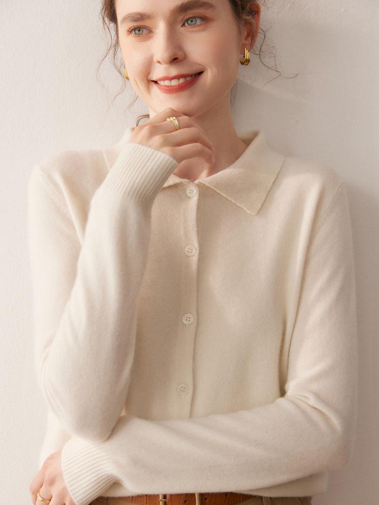 2025 Autumn/Winter Women's Cashmere Polo Collar Long Sleeve Loose Knit Cardigan Sweater