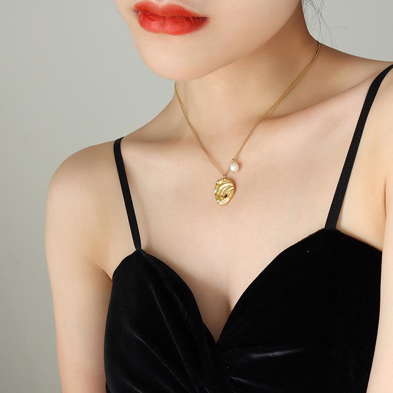 Abstract Art Irregular Pendant Freshwater Pearl Necklace for Women - Gold-Plated Titanium Steel