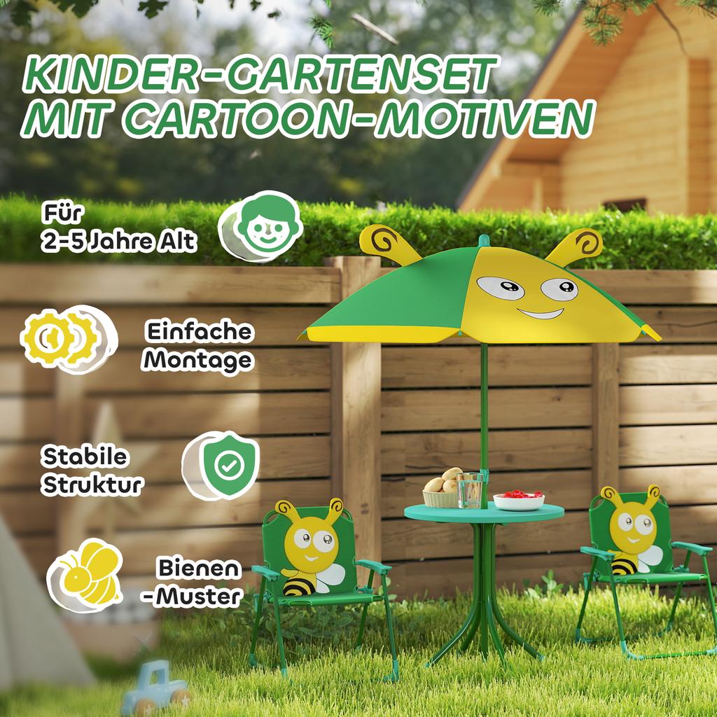 Garden Furniture Set for Children, Chairs, Table, Parasol, Bee Design, Green+Yellow