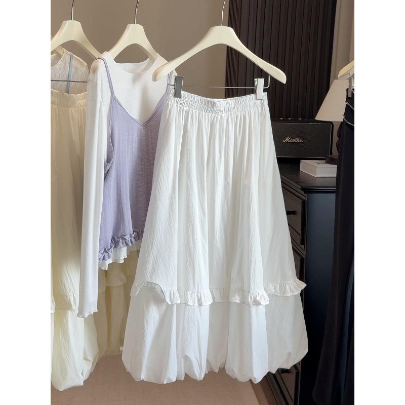 

Spring new Korean version of white fungus edge bud skirt for women with A character medium and long skirt covering the hips and swinging skirt One size fits all белый