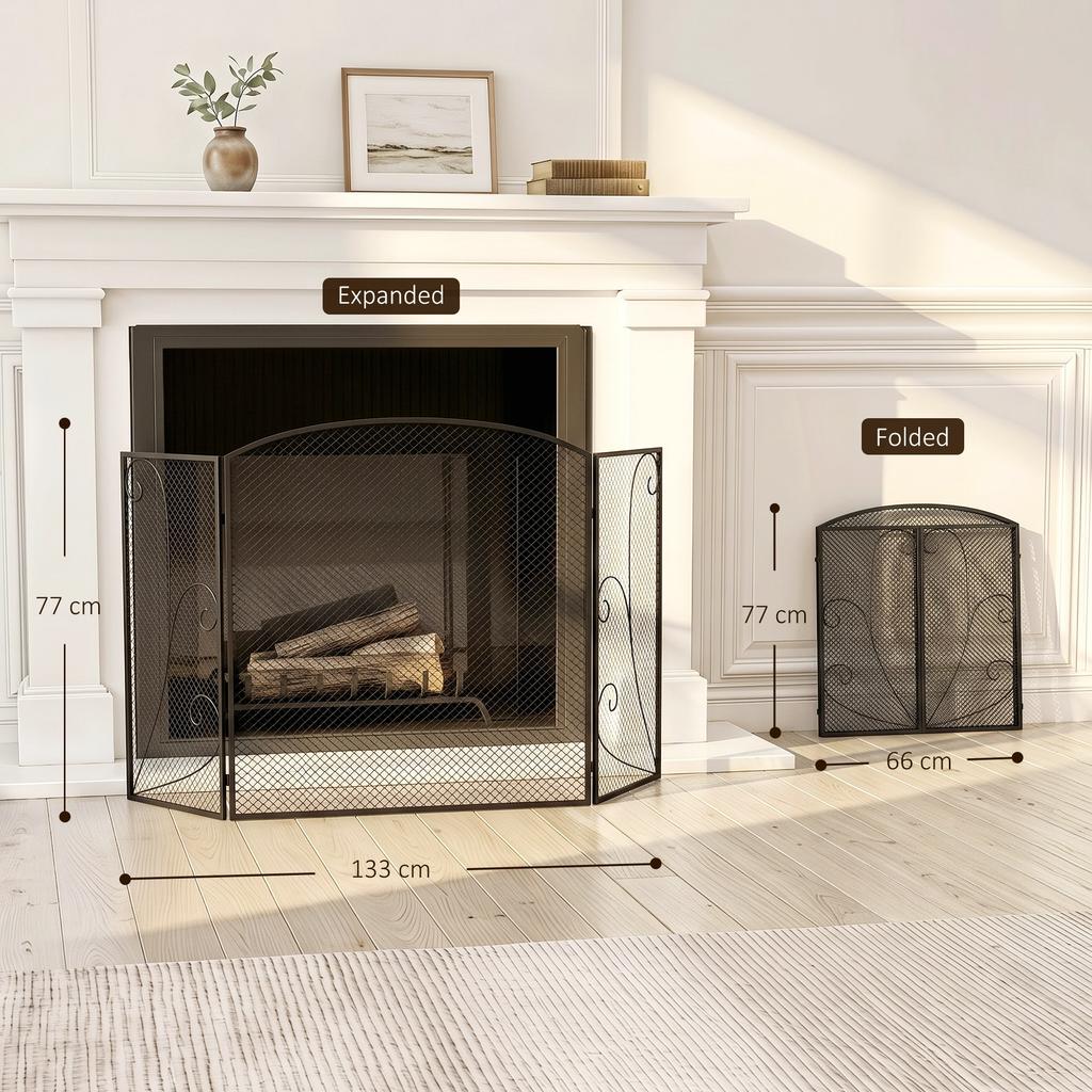 Fireplace Spark Guard Foldable 3-Panel, 133x1x77 cm, Black