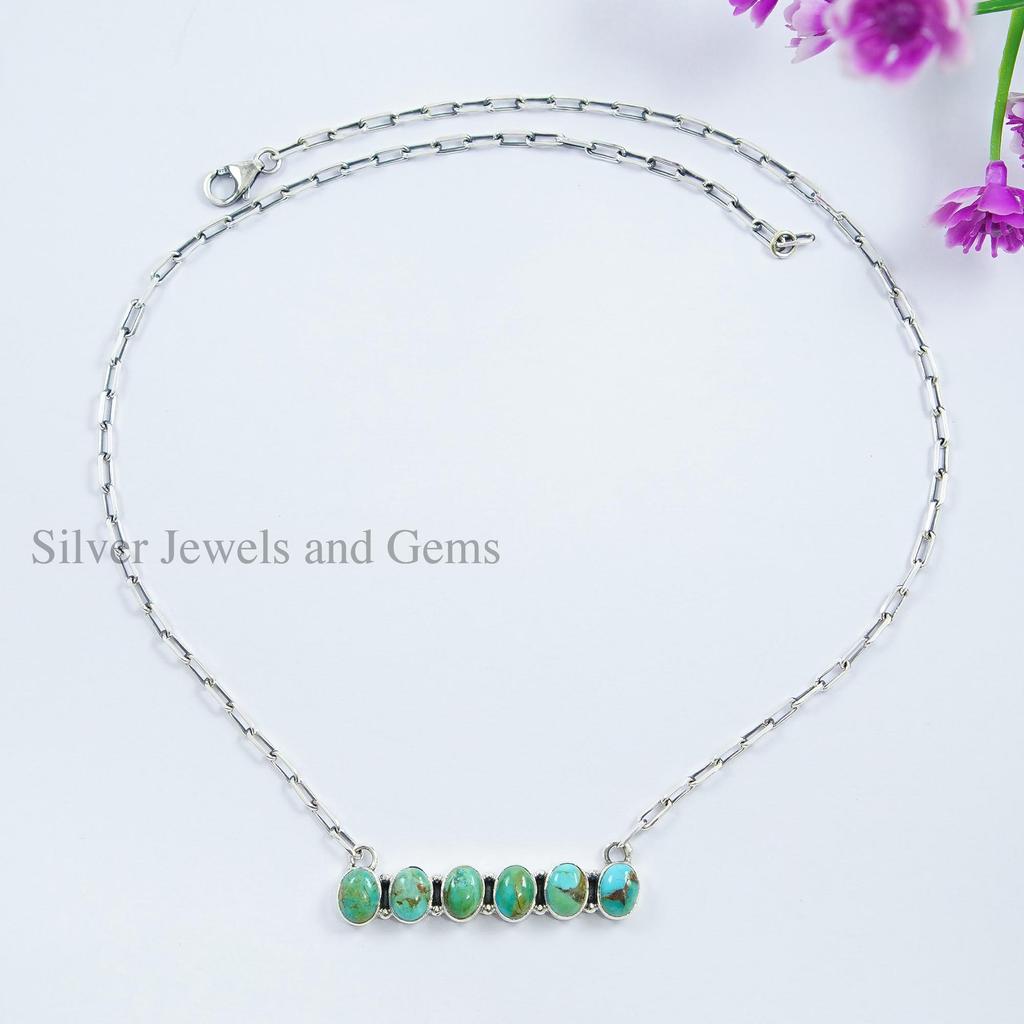Natural Turquoise Bar Necklace, Birthday Necklace, 925 Sterling Silver Necklace, Multi Stone Necklace, Handmade Paper Clip Chain Necklace