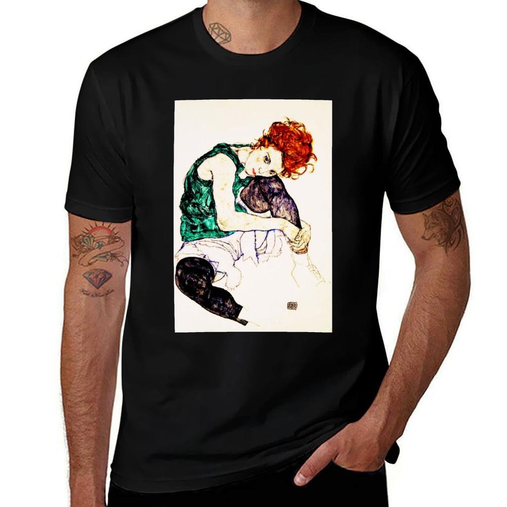Egon Schiele Seated Unisex with Legs Drawn up TShirt Active Sports Short Sleeve Cotton Shirt
