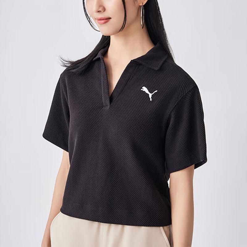Puma Her Polo Tee Solid Loose Fit Short Sleeve Polo Shirt Women tops Black 676651-01
