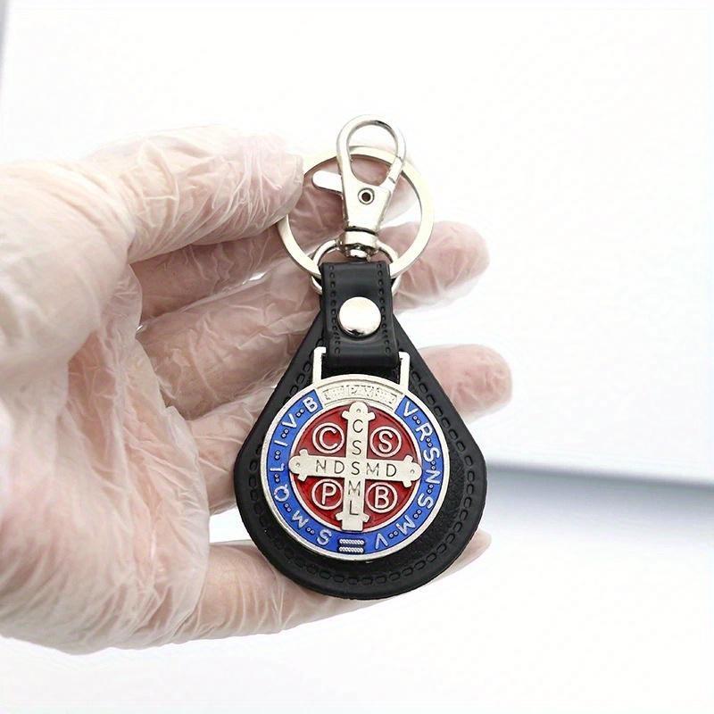 2pcs PU Leather St Benedict Pendant Key Chain Keyring Religious Jesus St. Benedict Keychain Women Men Catholic Baptism Jewelry
