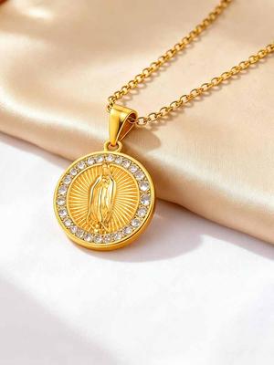 Luxury Cubic Zirconia Virgin Mary Pendant Necklace Gold Plated Bling Religious Medallion Christian Zircon Gift for Women