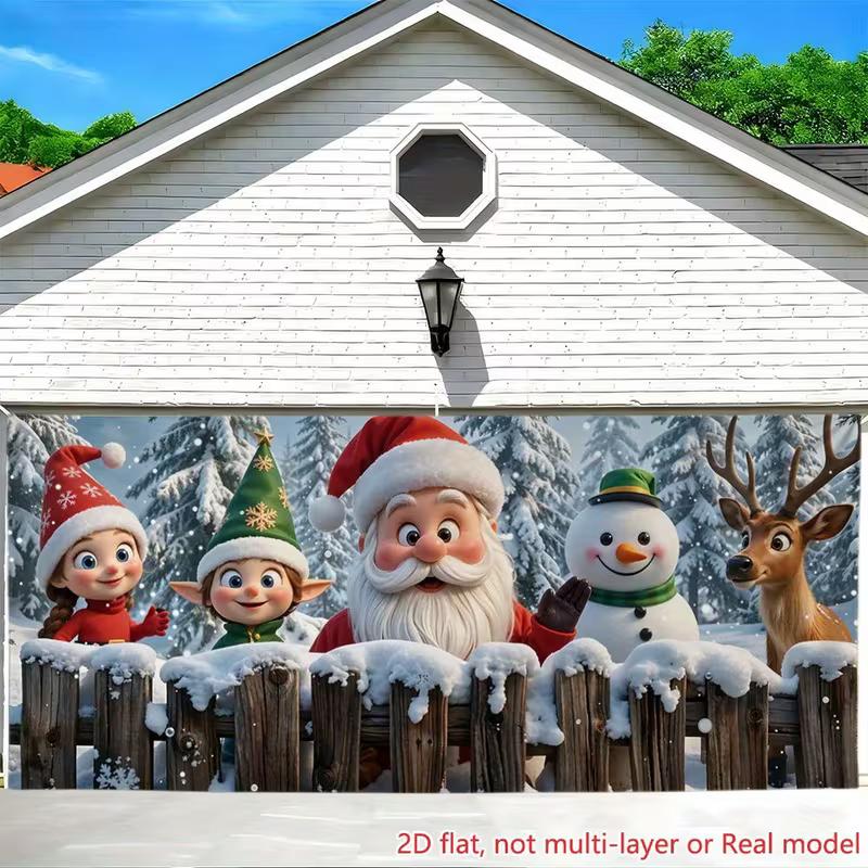 

2D Winter Christmas Garage Door Banner Santa Elf Snowman & Reindeer Holiday Decor 47.2x31.5inch/120*80cm