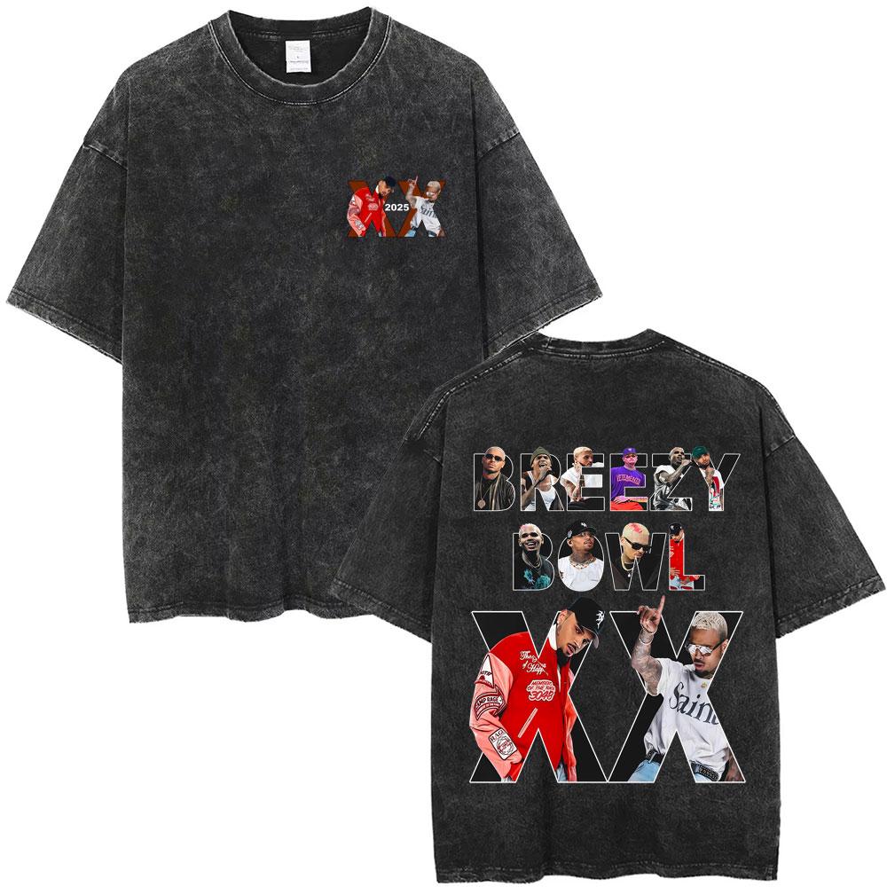 Rapper Chris Brown Breezy Bowl XX Tour  Vintage Washed Tshirts Men Women Hip Hop Fashion T Shirts Male Cotton Retro Tshirt