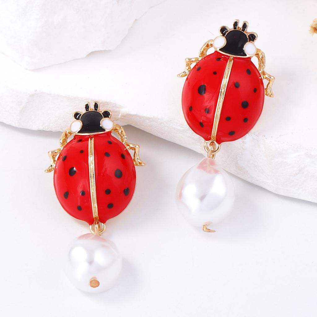 Personality Creative Design Sense Alloy Dripping Insects Seven Stars Ladybug Imitation Pearl Pendant Earrings Women's Accessories