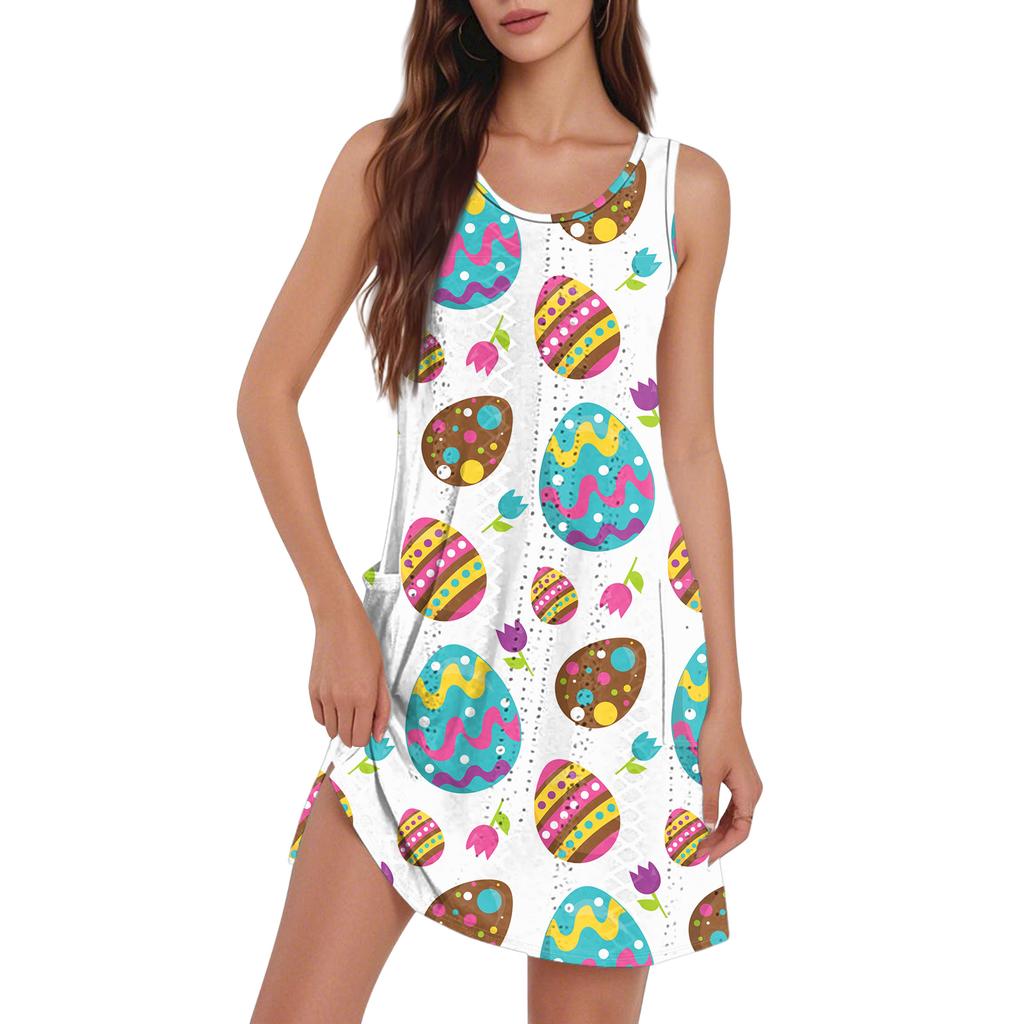 Robe débardeur décontractée tendance et respirante pour femme, imprimée, avec poches et ourlet fendu