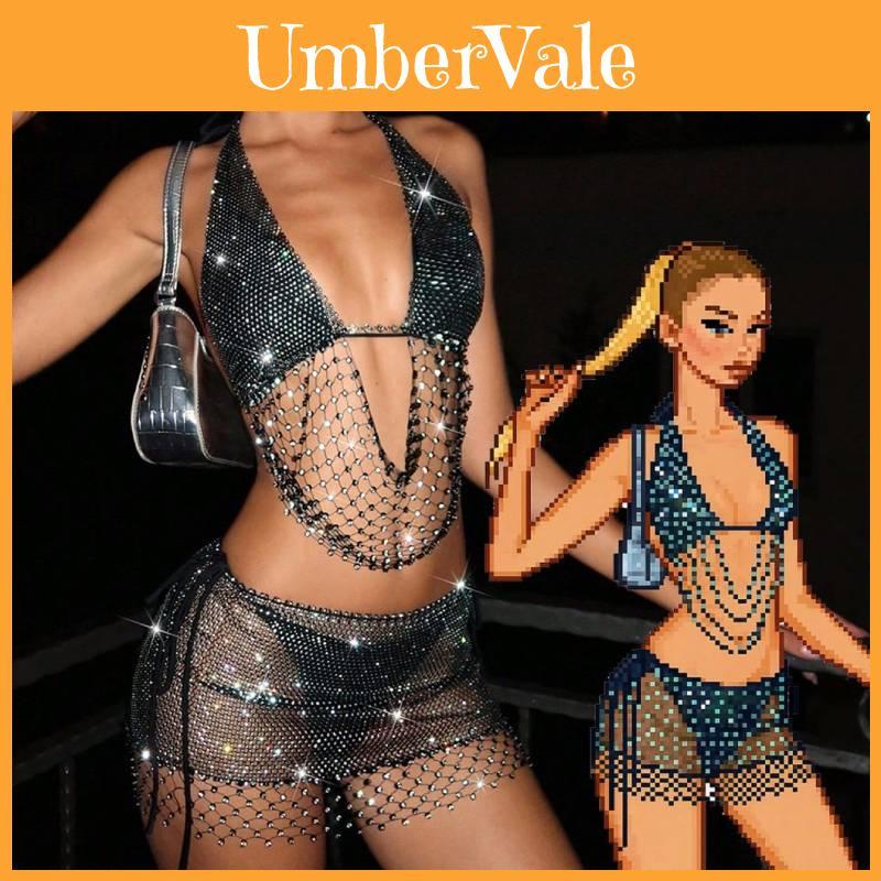 Geometric Pattern Sleeveless Mini Skirt Set With Glittering Mesh Top For Party Performance