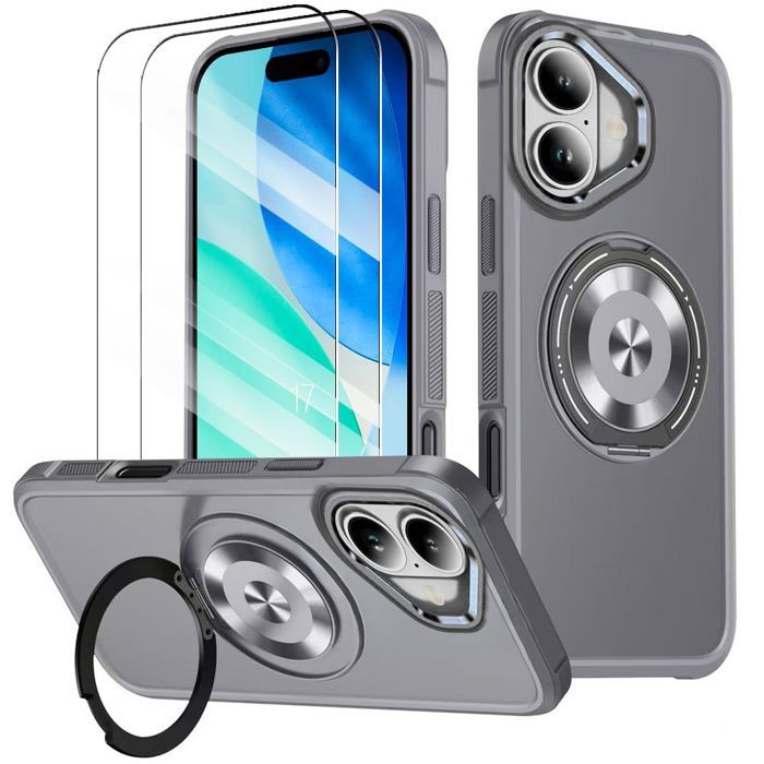 Coque avec Support 360° - BOOLING - pour iPhone 17 - Hybride avec Cercle Magnétique - Gris - 2 Verres Trempés