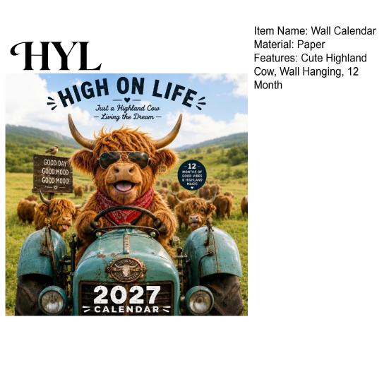 Feestelijk Cadeau 2027 Grappige Schotse Hooglandkoe Wandkalender, Schattig Boerderijdier 12 Maanden Keukenplanner Schots Hangend voor Rustieke Woondecoratie Kalender