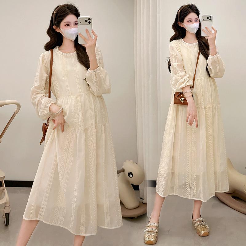2026 Spring & Autumn Korean Style Loose Plus Size Embroidered Midi Dress for Maternity Fashion M